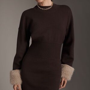 Anthropologie Knit Mini Dress Coffee Bean Faux Fur Cuffs Size Small